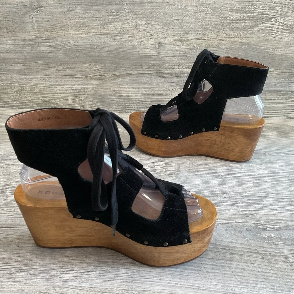 Y2K KDB Womens Sandals Vintage Wedge Size 7 Brazil Lace Up Suede Ankle Strap
